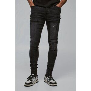 BoohooMAN Super Skinny Distressed Paint Splat Jeans Size 34 Black